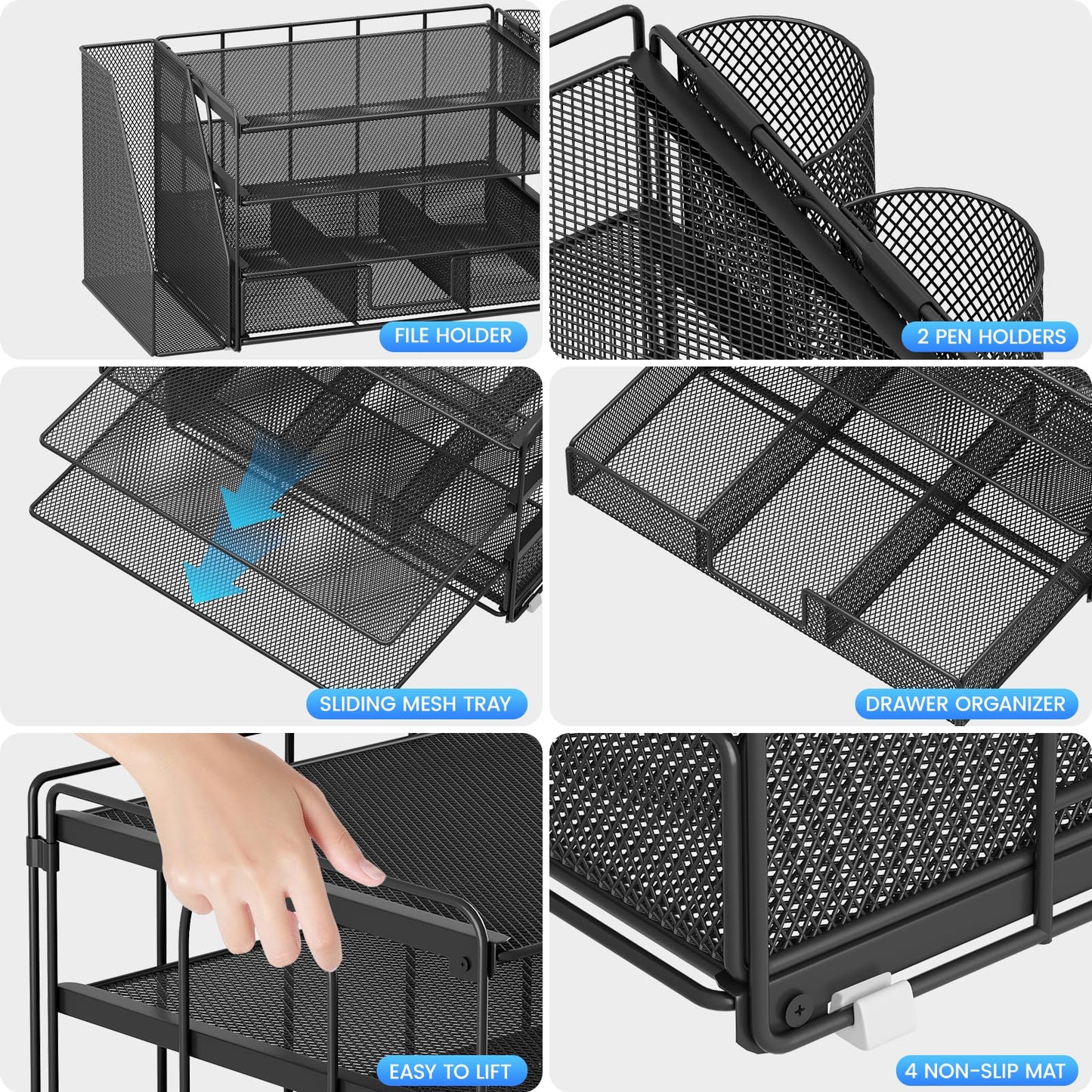OPNICE Desk Organizer and Accessories, 4-Tier Desktop File Organizer with Drawer and 2 Pen Holders, Office Desk Accessories for Office Supplies(Black)