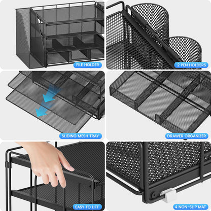 OPNICE Desk Organizer and Accessories, 4-Tier Desktop File Organizer with Drawer and 2 Pen Holders, Office Desk Accessories for Office Supplies(Black)