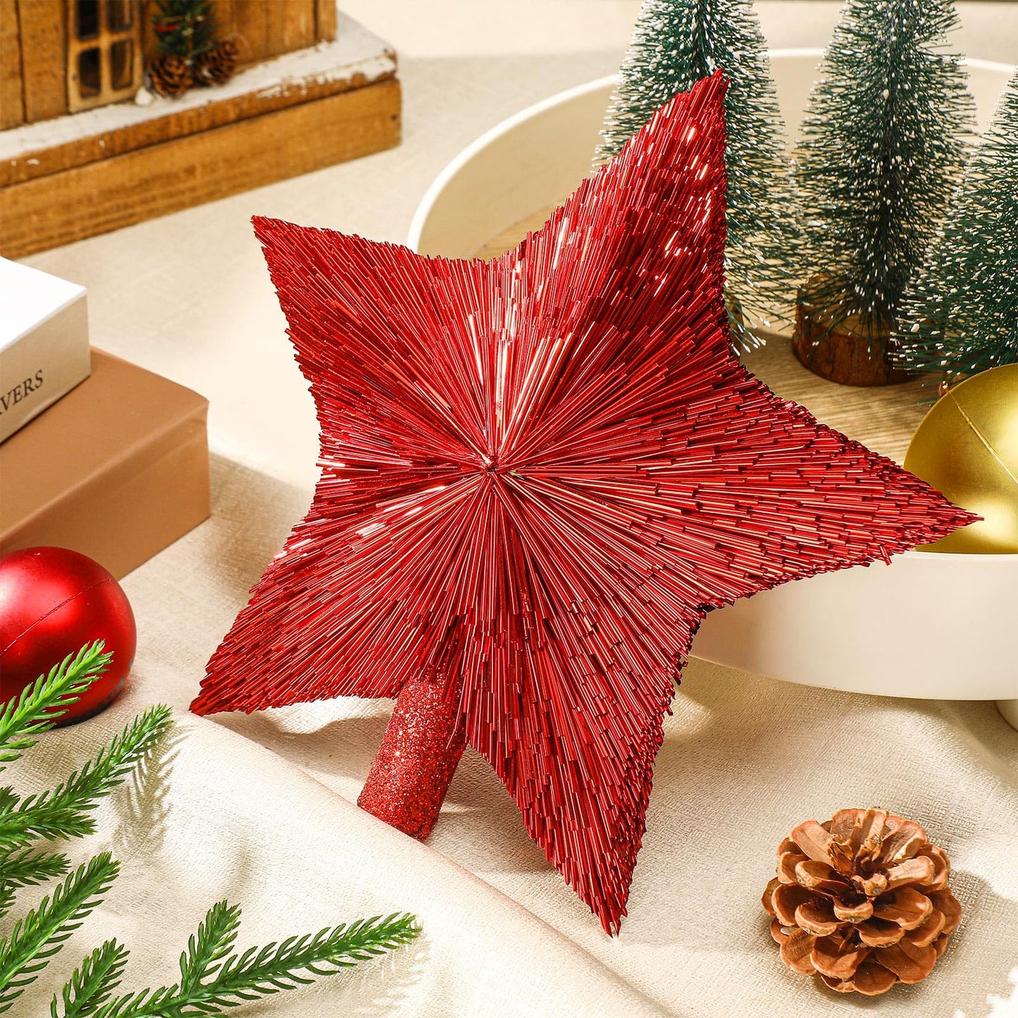 Threehoney 8.3 Inches Christmas Star Tree Topper Glitter Mini Sisal Star for Christmas Small Xmas Tree Top Decoration Ornament for Home Xmas Holiday Gift Decor(Red)