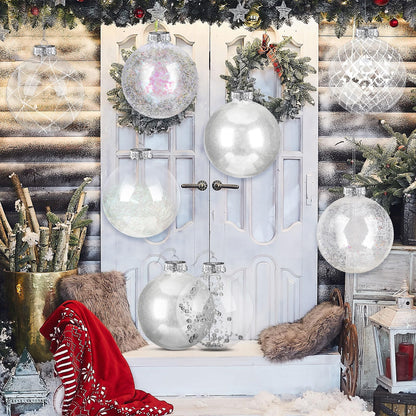 Wettarn Set of 8 Transparent Large Christmas Ball Ornaments 6 Inch Glitter Hanging Plastic Balls Christmas Tree Decorations for Lawn Yard Garden Party with Exquisite Filling Decoration(Silver White)