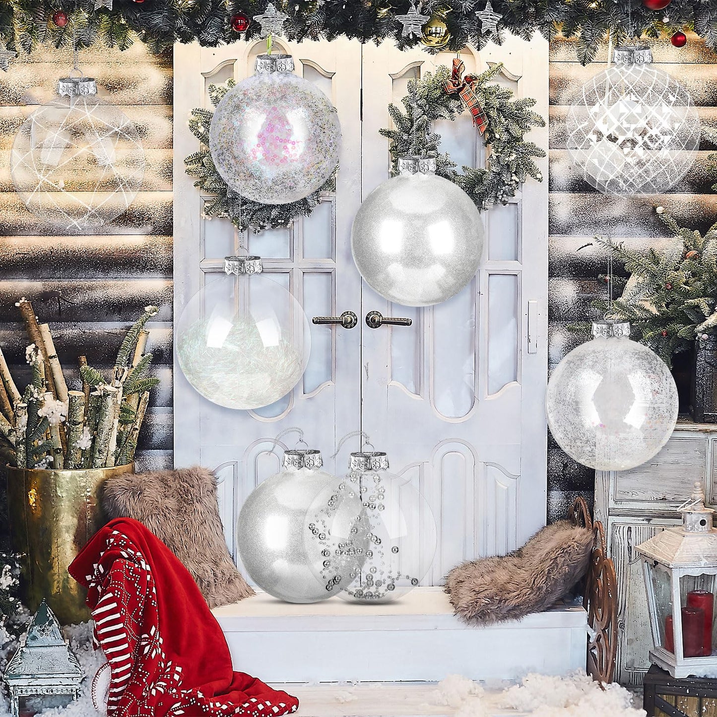 Wettarn Set of 8 Transparent Large Christmas Ball Ornaments 6 Inch Glitter Hanging Plastic Balls Christmas Tree Decorations for Lawn Yard Garden Party with Exquisite Filling Decoration(Silver White)