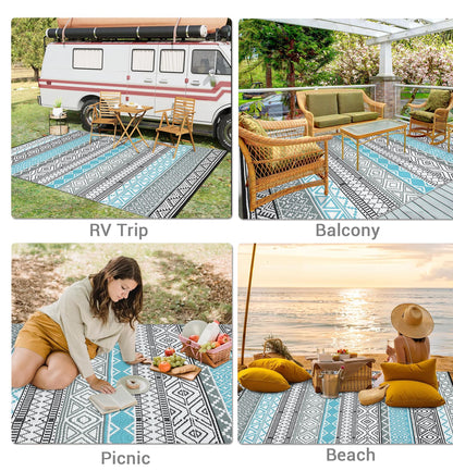 COZYLOOM Outdoor Rug for Patio 9x18 ft Waterproof Clearance, Reversible Indoor Outdoor Plastic Straw Camping Rug Carpet, RV Mat, Large Area Rug for Deck, Backyard, Balcony, Porch, Beach, Blue/Grey