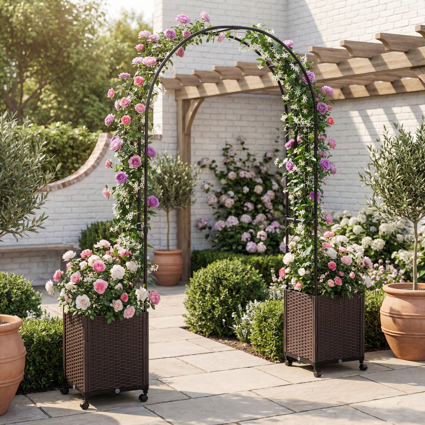 Giantex Metal Garden Arch Trellis Arbor with 2 Self-Watering Planter Boxes, 80" L x 16" W x 91" H PE-Coated Archway with Lockable Rolling Wheels for Climbing Vines, Yard Lawn Party Decorations