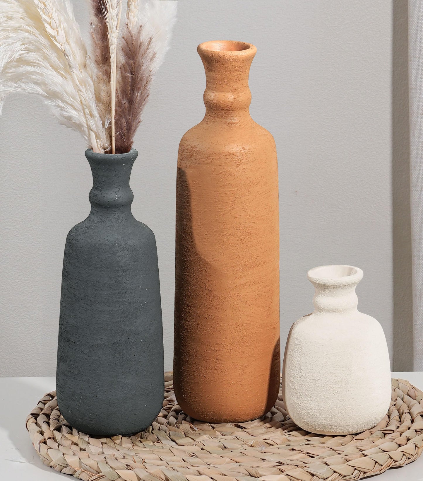 Ceramic Vase Set, 3Pcs Flower Vases for Modern Boho Farmhouse Decor, Decorative Vases for Pampas Grass & Dried Flowers, Distressed Finish