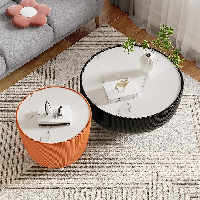Round Marble Coffee Table Set of 2, 2 Piece Coffee Table and End Table