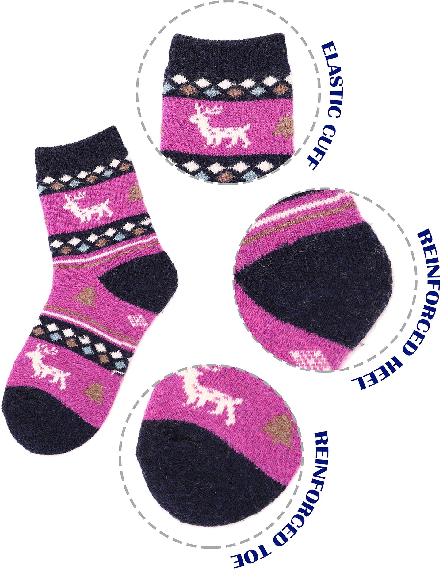 ANTSANG Kids Merino Wool Hiking Socks Toddlers Boys Girls Winter Warm Thick Thermal Crew Boot Heavy Cozy Snow Cabin Gift Snowboarding Socks 6 Pairs for Childs(Christmas Deer,1-3Y)