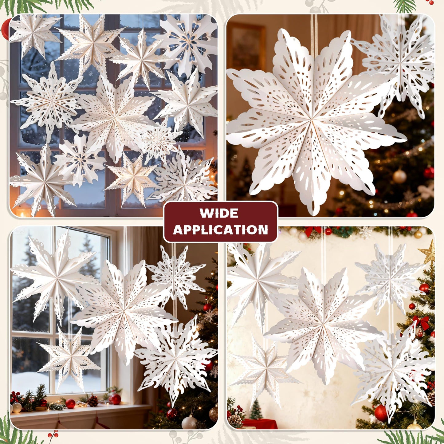 12 Pcs Christmas Paper Snowflake Lanterns, 3D Christmas Paper Star Lanterns with LED Lights, 10/12 Inch White Hanging Snowflake Lamps for Xmas Winter Frozen Weddings New Year Party Decorations
