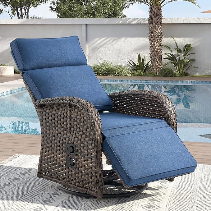 Zero Gravity Patio Swivel Rocking Recliner Chair - Wicker Outdoor Lounge Chair with Adjustable Backrest & Footrest, All Weather Reclining Rocker Chairs with Thick Cushion for Pool Deck Blue