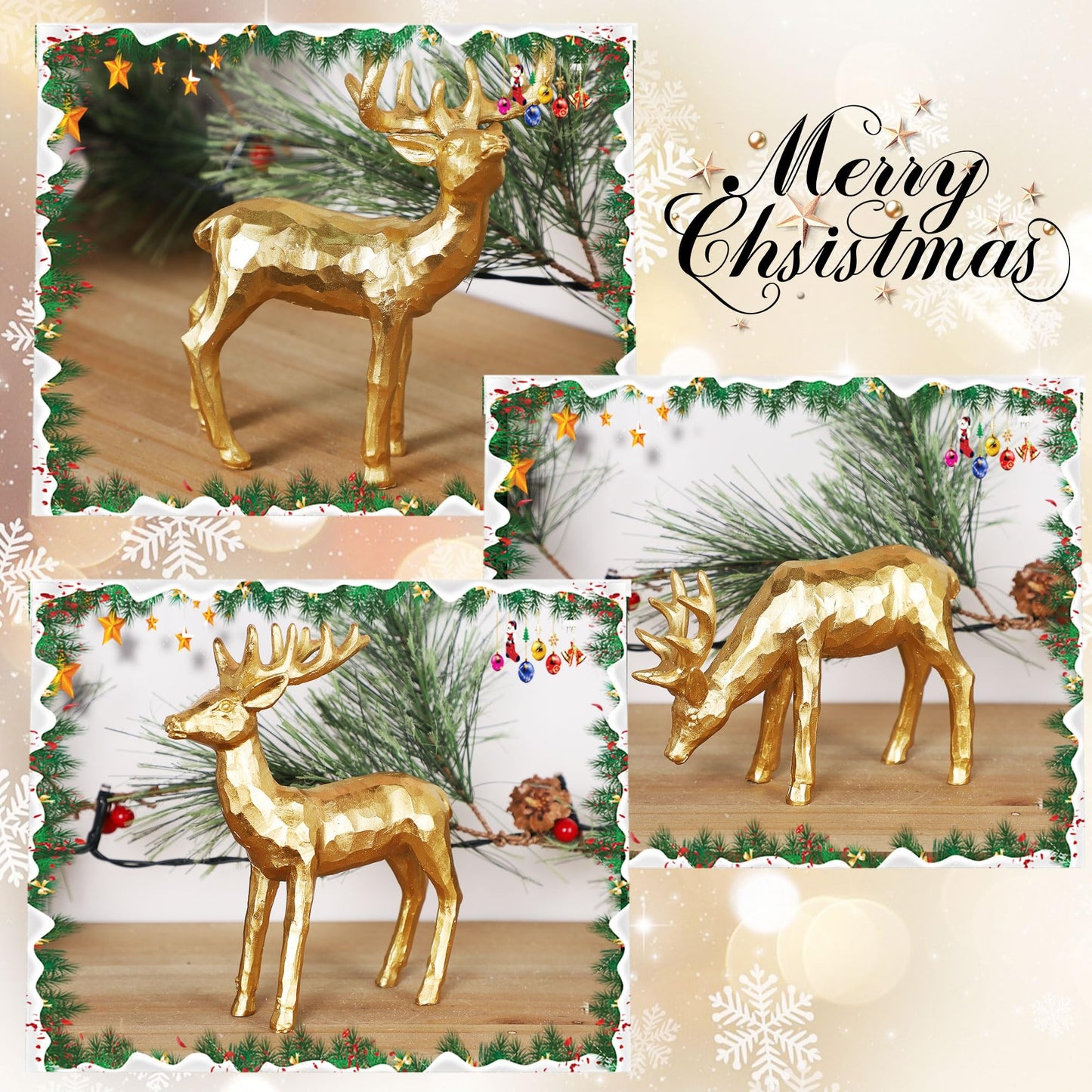 Lulu Home 3 PCS Christmas Tabletop Decorations, Resin Golden Reindeer Family Figurines with Diverse Postures, Xmas Holiday Winter Centerpieces Ornaments for Mantel Shelf Sill Decor(Peer)