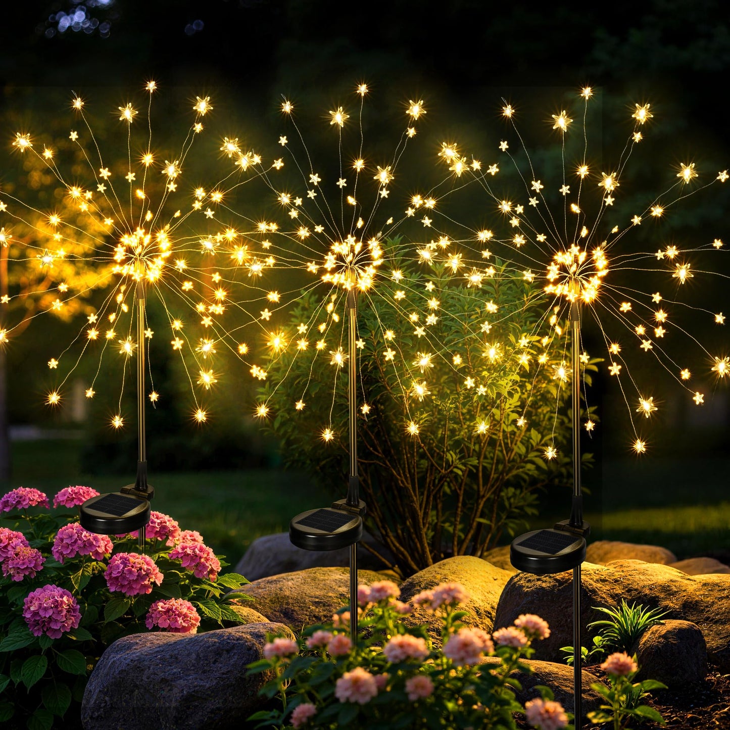 GIGALUMI Solar Lights Outdoor Garden Decor Fireworks Lights, 3 Pack Fairy Lights Outdoor Waterproof Solar Powered, Star-Shaped LED Lights for Yard Patio Pathway Walkway Decor, Warm White