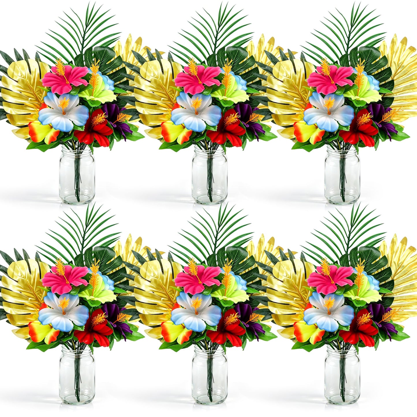 Fovths 6 Pack Hawaiian Flower Centerpieces with Mason Jars Artificial Hibiscus Bouquet Monstera Palm Leaves Tropical Mason Jars Centerpieces for Table, Luau, Jungle, Beach Party Decorations