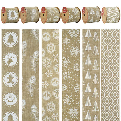 MEEDEE Burlap & White Print Ribbon - Wired Burlap Ribbon, 2.5 Inch, 6 Rolls, 36 Yards - Christmas Tree & Wreath Decorations