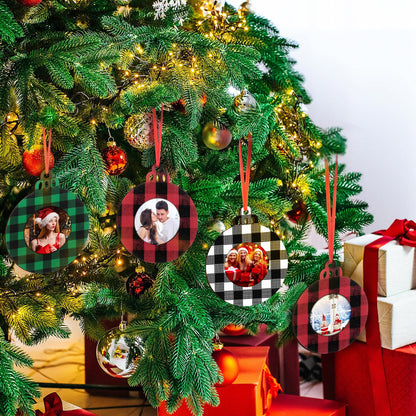 Jetec 12 Pcs Christmas Photo Ornaments Picture Frame Ornaments for Christmas Tree Wooden Ball Plaid Hanging Decorations for Xmas Party Home Decor(Red and Black, Black and White, Green)