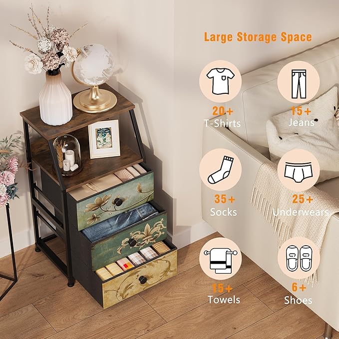 Tohomeor Dresser with Fabric Drawers Nightstand with 2 Tier Shelf Storage Tower