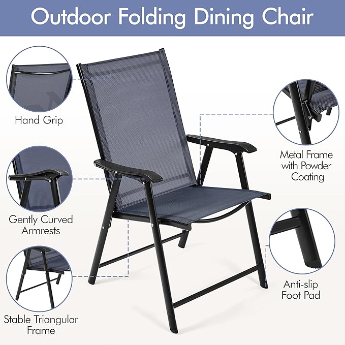 Yaheetech Outdoor Patio Chairs Set of 4, Portable Dining Chairs with Armrests for Camping, Lawn Yard Beach, Folding Outdoor Chairs 4-Pack with Metal Frame, Navy Blue