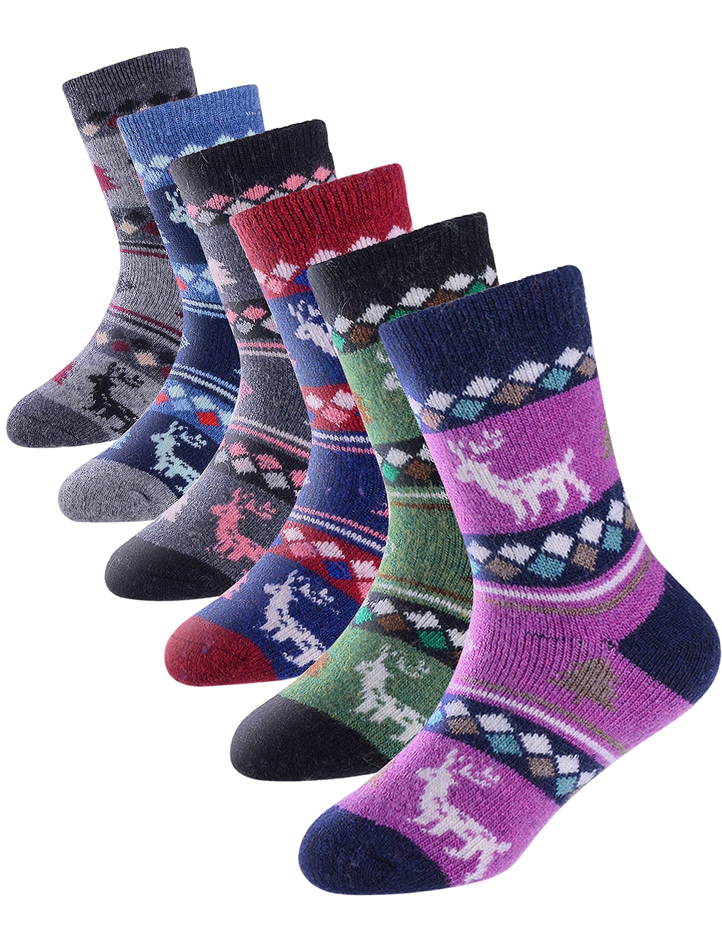 ANTSANG Kids Merino Wool Hiking Socks Toddlers Boys Girls Winter Warm Thick Thermal Crew Boot Heavy Cozy Snow Cabin Gift Snowboarding Socks 6 Pairs for Childs(Christmas Deer,1-3Y)