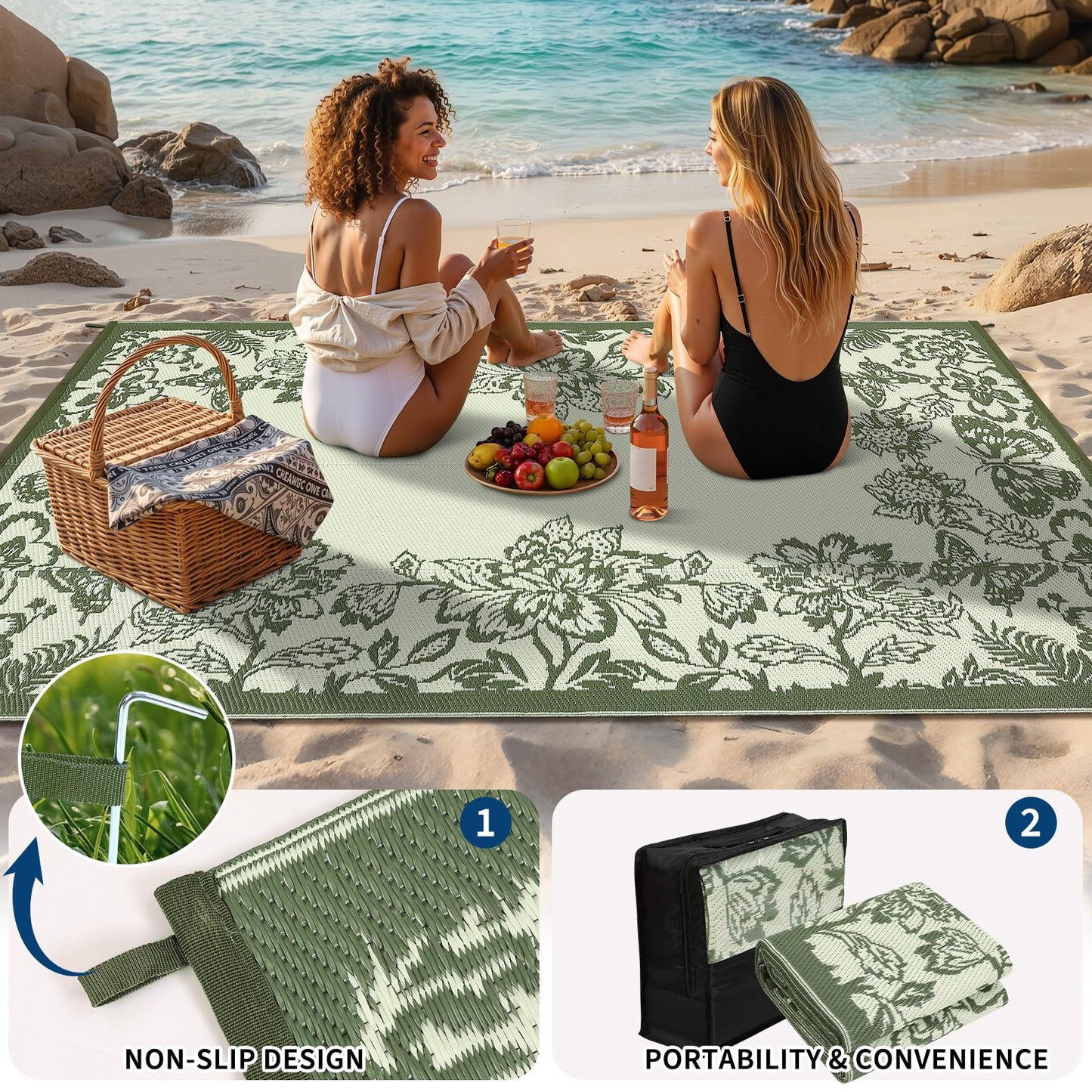 Garvee Outdoor Rugs 9' x 18’ Waterproof Reversible Mats, Large Area Plastic Straw Rug, Outside Carpet, Butterfly Floral Rv Mat for Patio Camping Picnic Backyard Deck Balcony Porch Beach Trailer