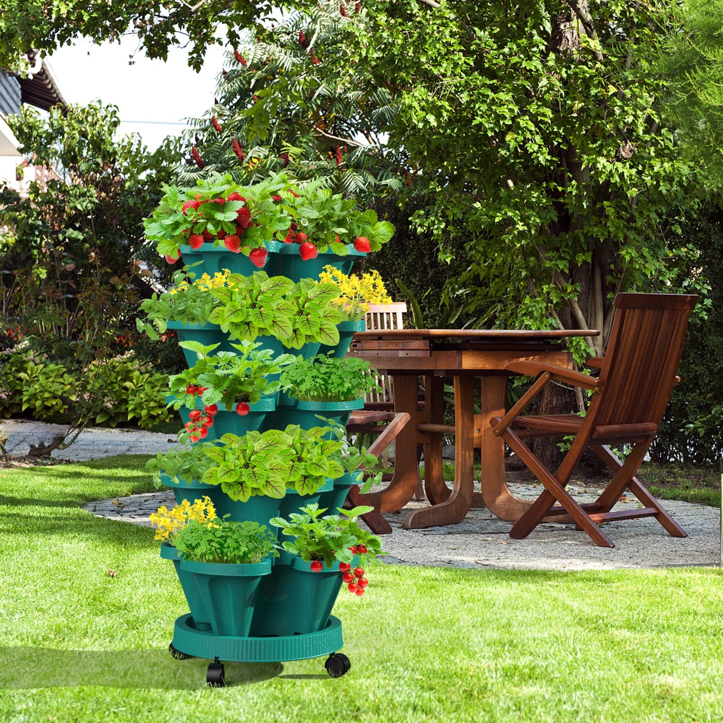 Tectsia Strawberry Vertical Planters Tower Garden 2 Pack, 7 Tiered Stacking Herb Vegetable Planter with Support Pole Indoor and Outdoor - Hunter Green