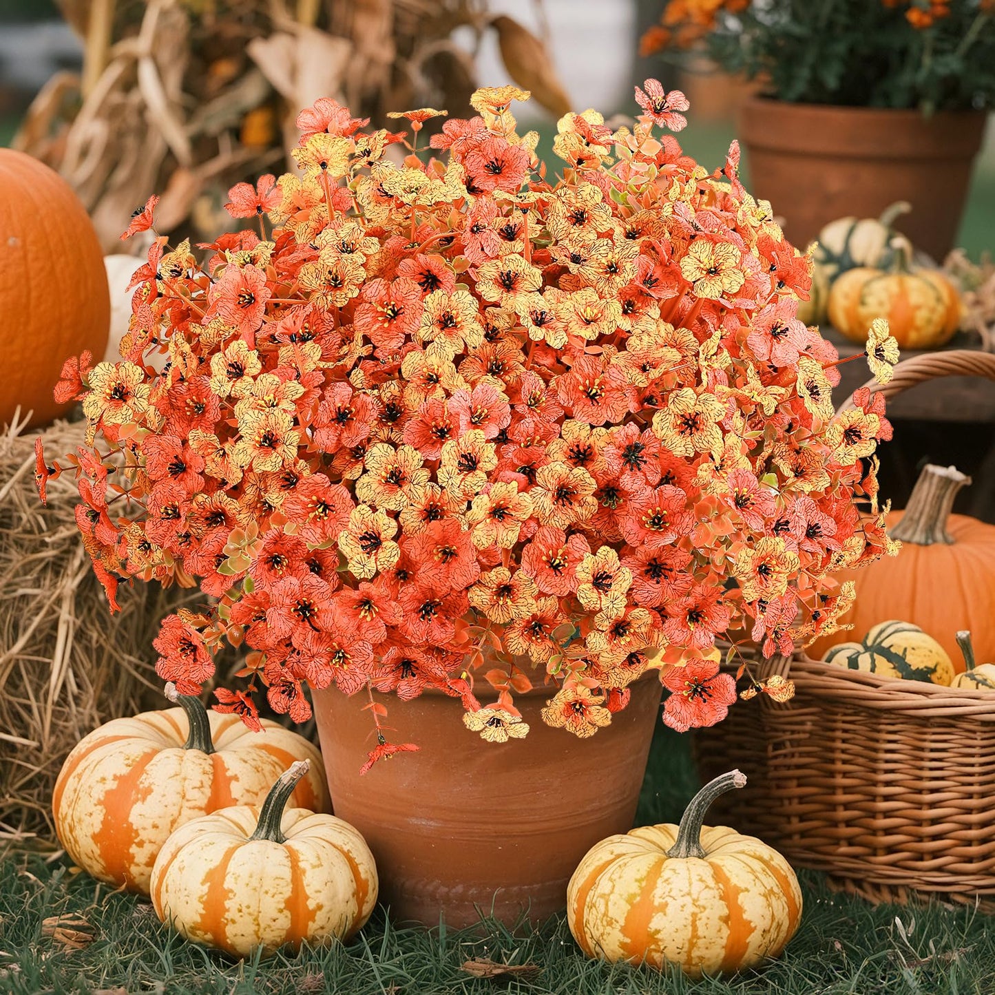 Alupssuc 24 Bundles Autumn Artificial Flowers Outdoor Decorations, Silk Violet Plastic Fake Flower Plants for Hanging Baskets Garden Porch Window Home Vases Wedding Farmhouse Decor, Orange and Red
