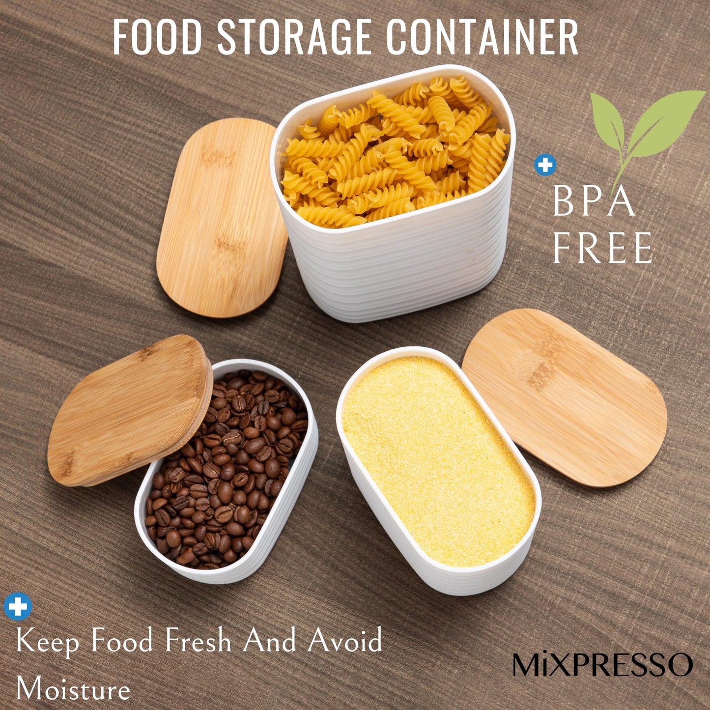 Mixpresso White Canisters Sets for the Kitchen – 3-Piece Airtight Plastic Sugar Container Set with Bamboo Lids in Three Different Sizes – Decorative Modern Storage Jars for Coffee, Tea & Countertops