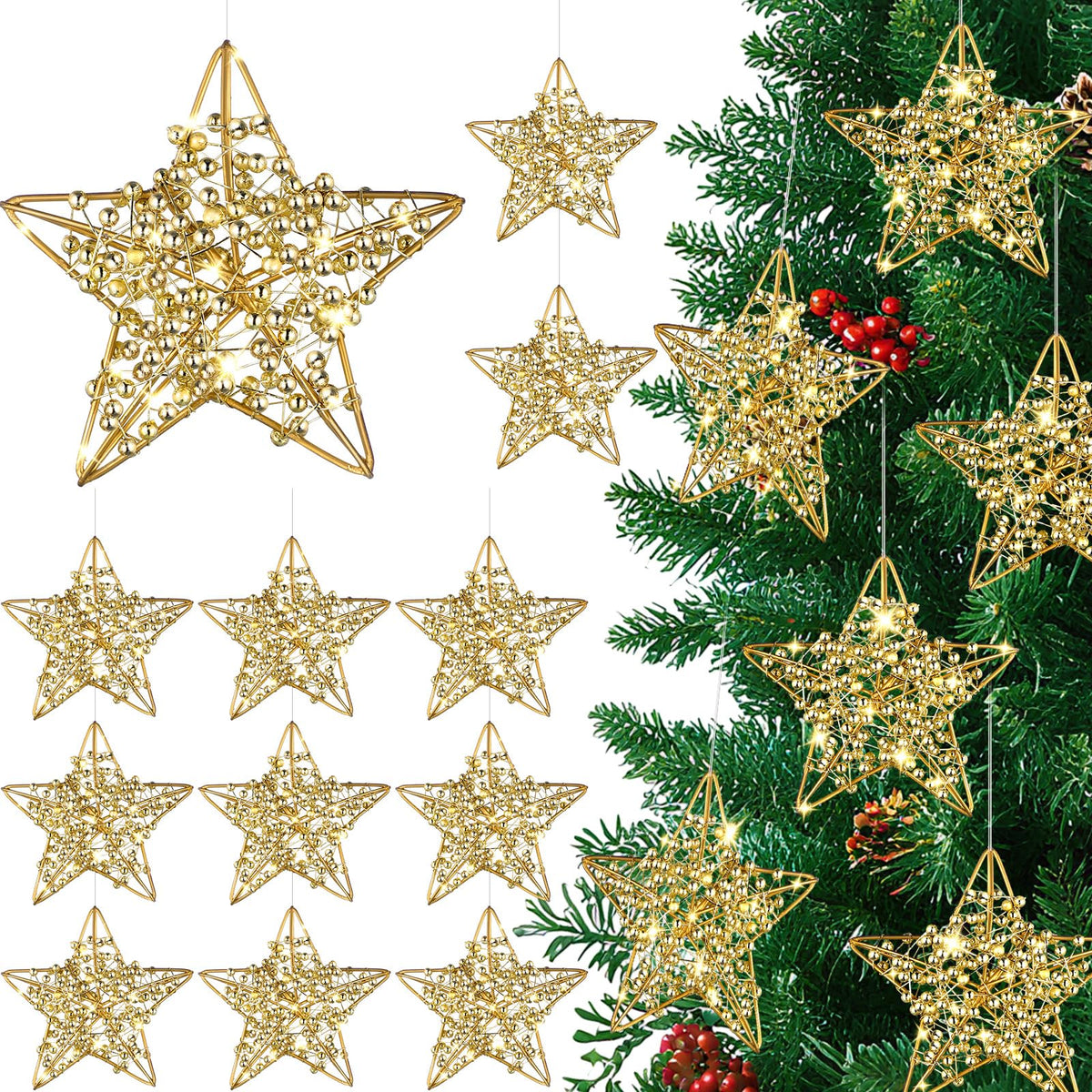 Simgoing 12 Pcs 2.8'' Gold Metal Star Ornaments for Christmas Tree Decor Rustic 3D Glitter Star Ornaments for Crafts Small Gold Christmas Hanging Stars Festive Gifts Embellishments for Holiday Party