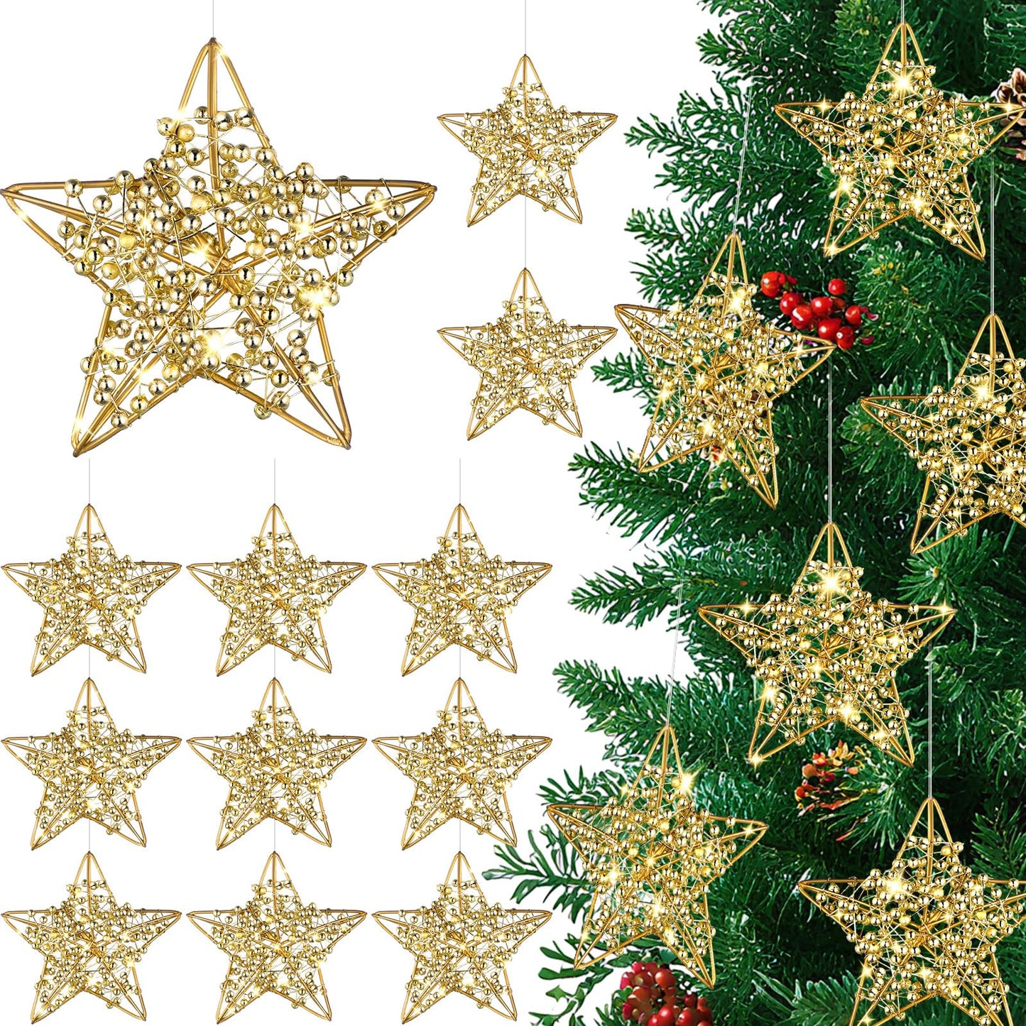 Simgoing 12 Pcs 2.8'' Gold Metal Star Ornaments for Christmas Tree Decor Rustic 3D Glitter Star Ornaments for Crafts Small Gold Christmas Hanging Stars Festive Gifts Embellishments for Holiday Party