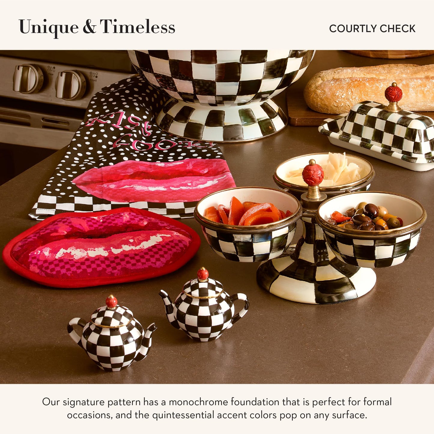 MACKENZIE-CHILDS Teapot Salt and Pepper Shaker Set, Ceramic Salt and Pepper Holders, Black-and-White Courtly Check
