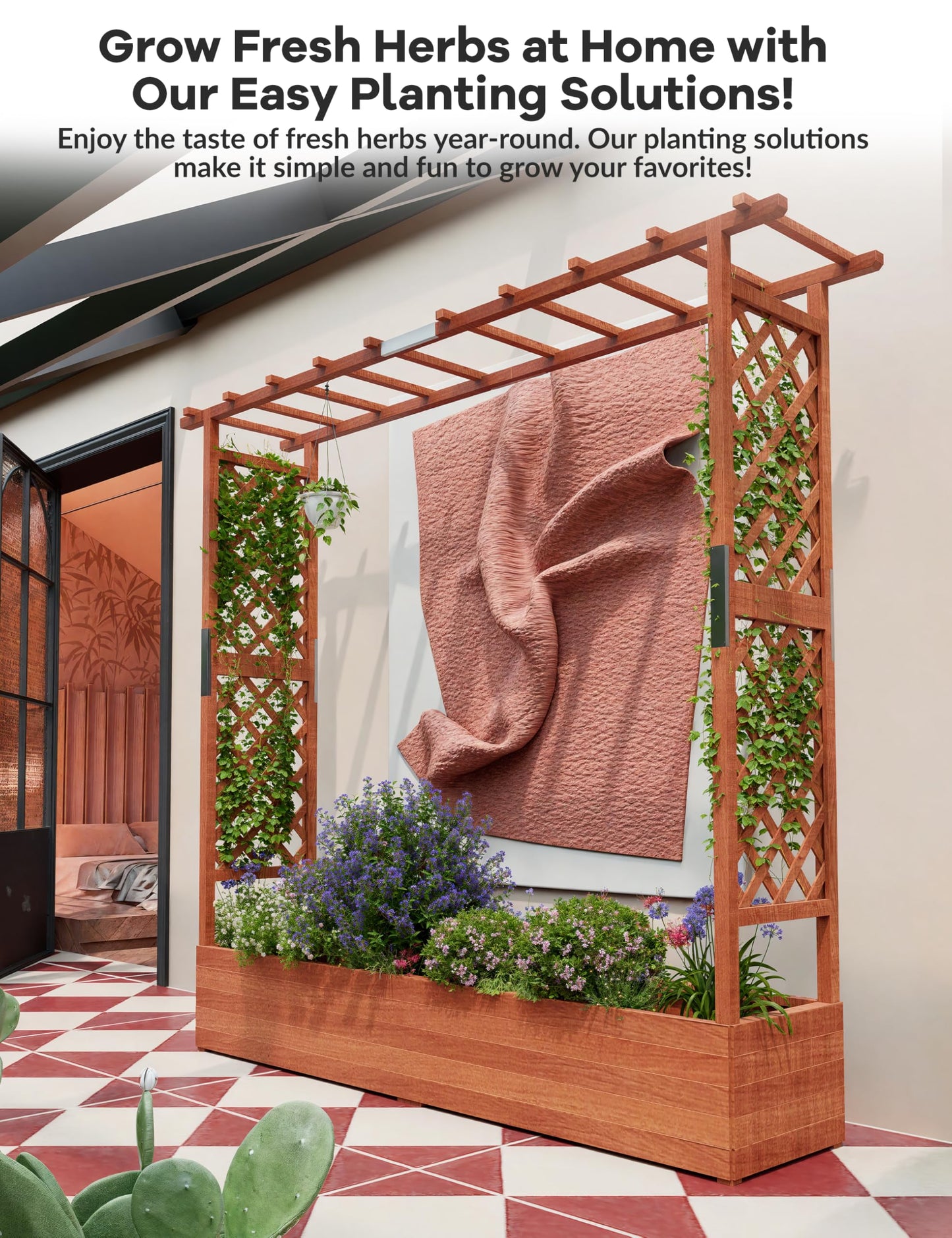 GarveeLife Raised Garden Bed with Trellis, 72 in Wood Planter Box with Side Trellis, Hanging Roof, and 4 Drainage Holes, Freestanding Elevated Garden Bed for Climbing Plants, Vines, Flowers