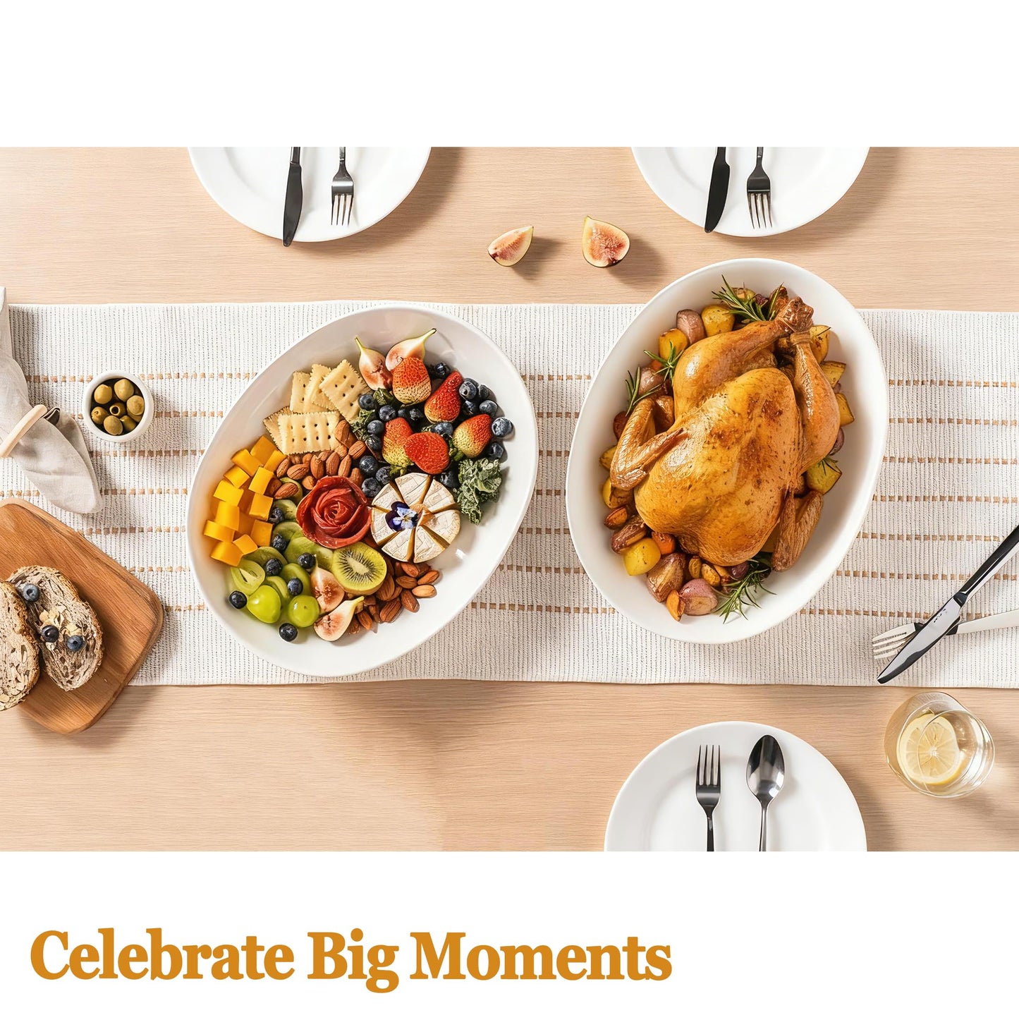 Gacoree 14 Inch Oval Serving Platters Set of 2, Large Wide Ceramic Serving Platter, White Porcelain Serving Trays for Entertaining, Turkey, Steak, Appetizers, Pasta, Salad