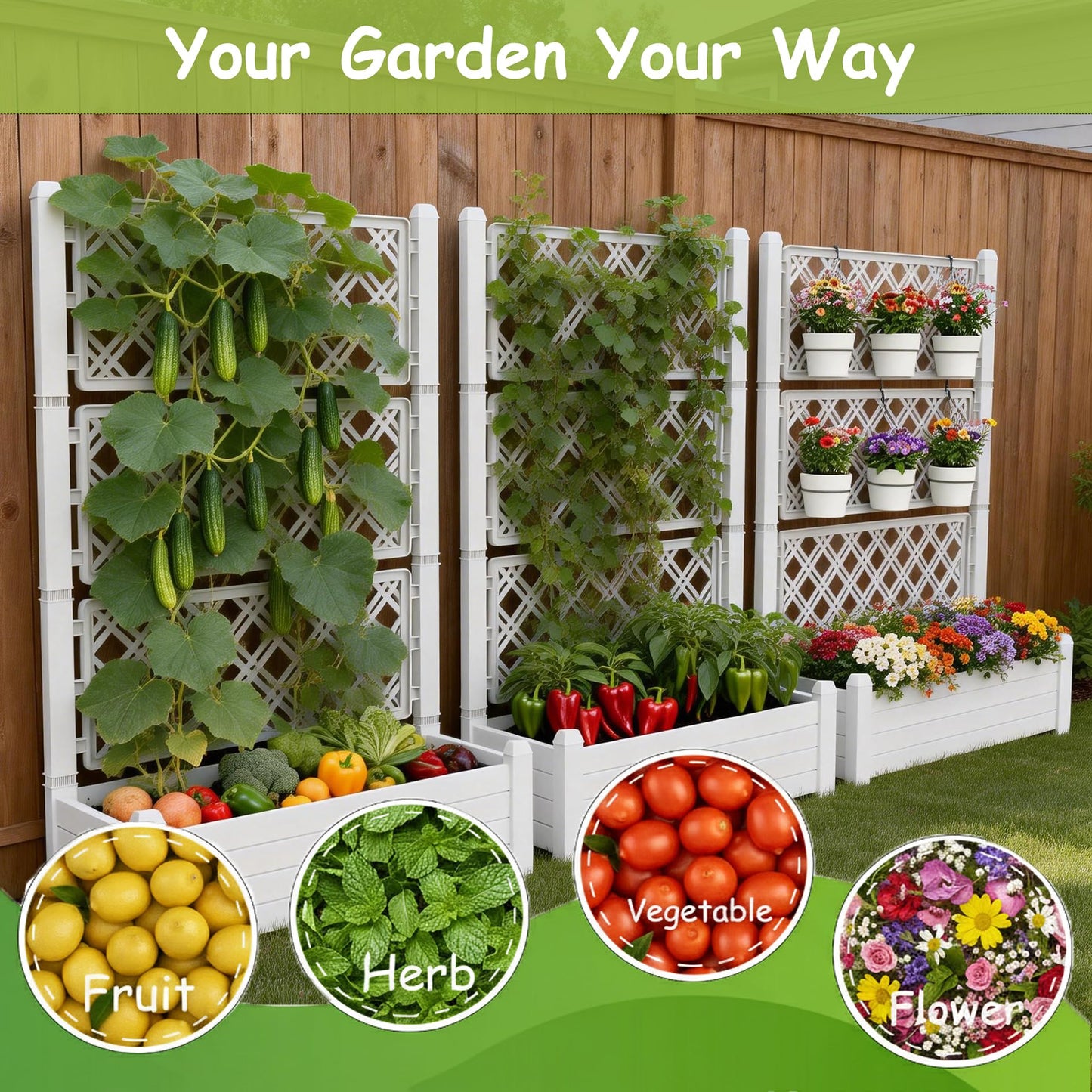 Tramull 5' Tall Raised Garden Bed with Trellis, Self Watering Planter Box for Outdoor Climbing Plants Resin Garden Lattice for Vegetables, Flowers, Tomato & Vine with Drainage Holes (Ashen, 1 PC)