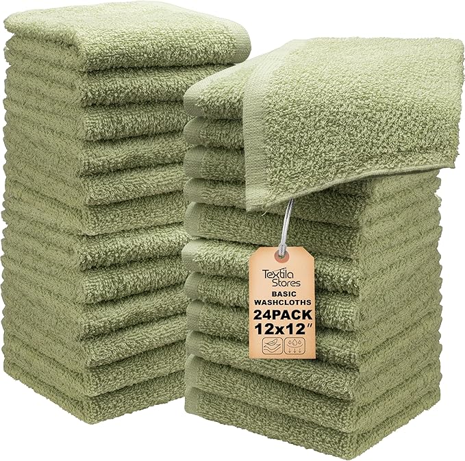 Basic Wash Cloths 12x12 Inches – Bulk Pack of 24 – Sage Green Color – Soft and