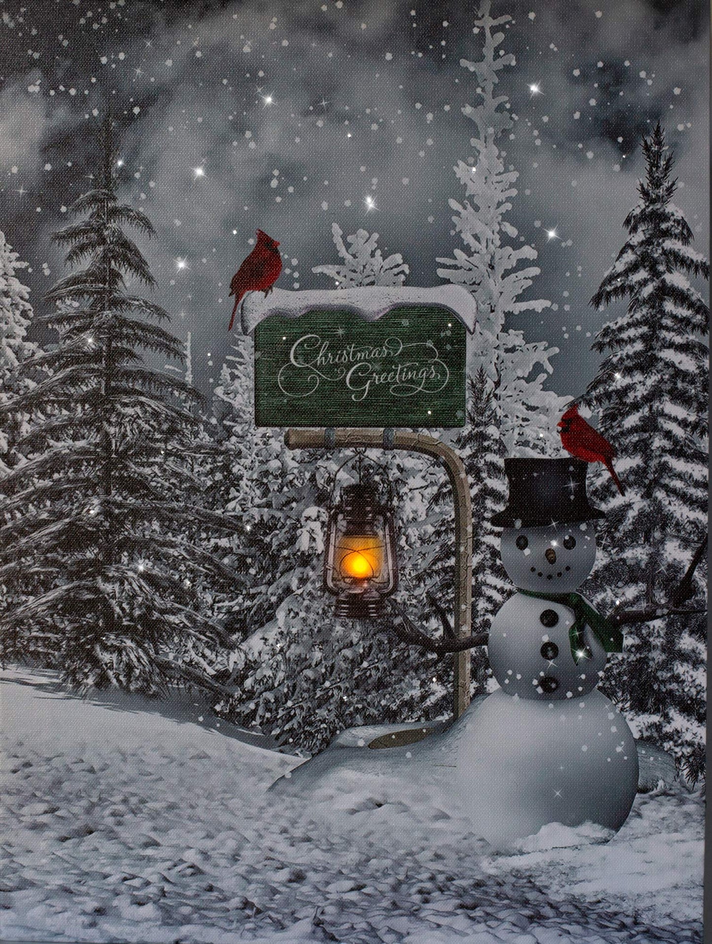 BANBERRY DESIGNS Cardinals and Snowmen Lighted Wall Art Canvas Prints - Christmas Greetings with LED Lantern - Winter Snow Scene with Pine Trees - Measures 16" H x 12" W