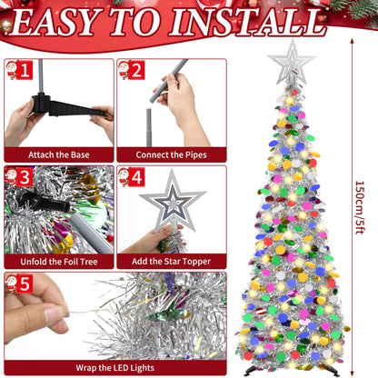 Lavwix 5 FT Pop Up Christmas Tinsel Tree with 50 LED Lights & Remote, Star Topper, Easy Assembly with Stand, Collapsible Prelit Christmas Pencil Tree for Xmas Home Party Decor (Silver)