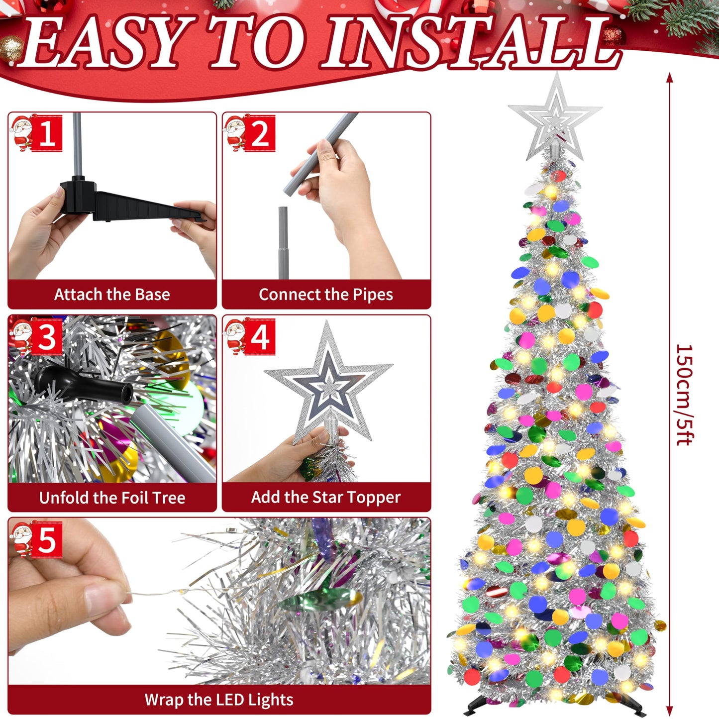 Lavwix 5 FT Pop Up Christmas Tinsel Tree with 50 LED Lights & Remote, Star Topper, Easy Assembly with Stand, Collapsible Prelit Christmas Pencil Tree for Xmas Home Party Decor (Silver)