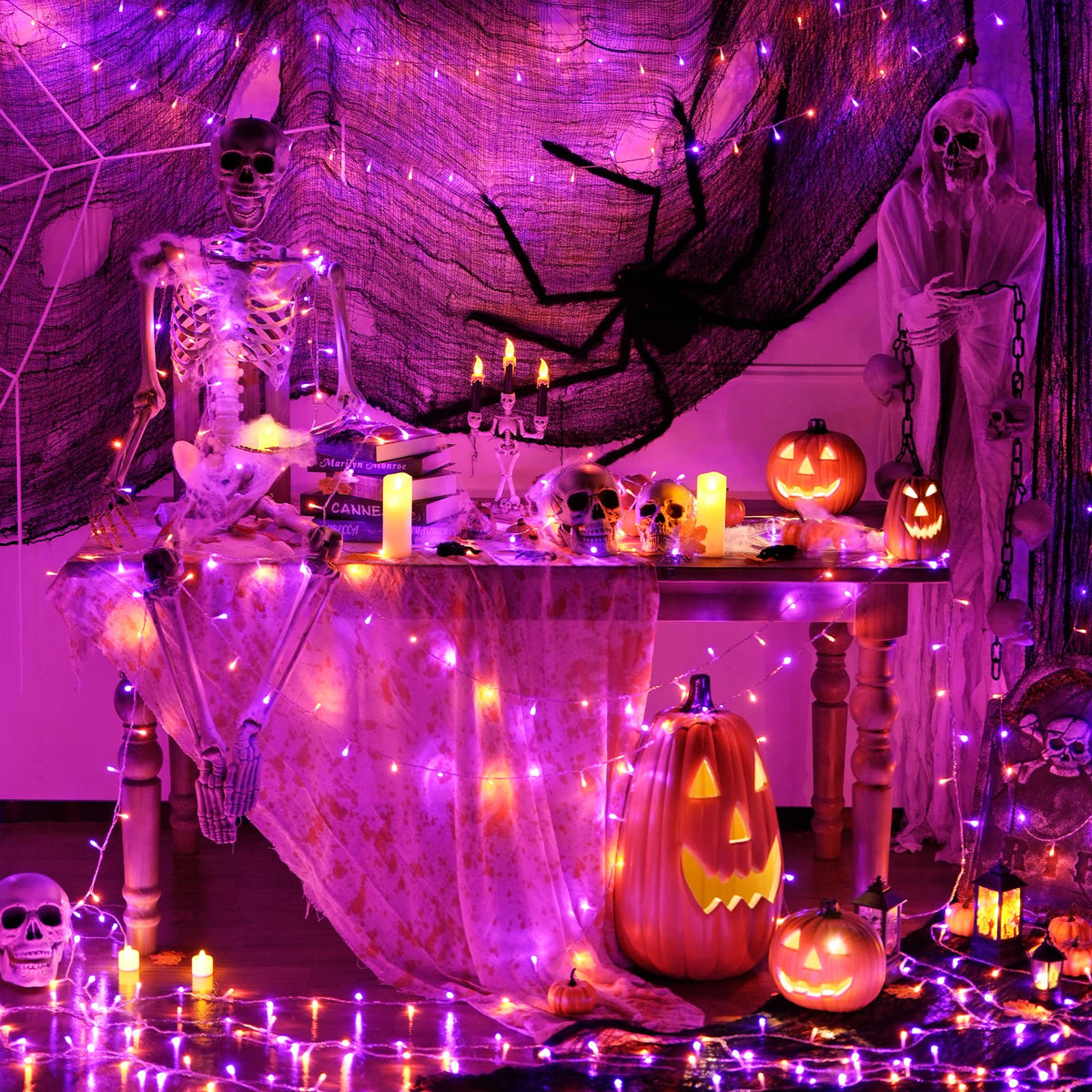 JMEXSUSS 33 FT 100 LED Halloween String Lights Indoor, Orange and Purple Halloween Lights Clear Wire, 8 Modes Outdoor Waterproof Christmas String Light Plug in