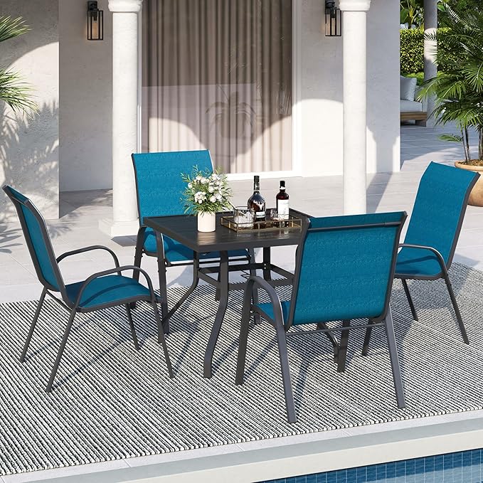 Patio Dining Chairs Set of 4, Stackable Dining Chairs High Back, Breathable Seat Fabric and Alloy Steel Frame Fit Backyard, Porch, Lawn，Poolside (Sky Blue)
