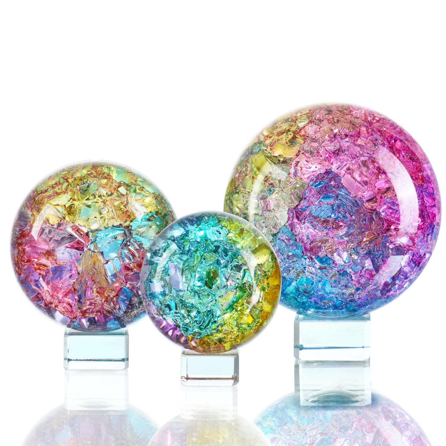 Crystal Ball Set of 3 Colorful Glass Decorative Spheres with Stands