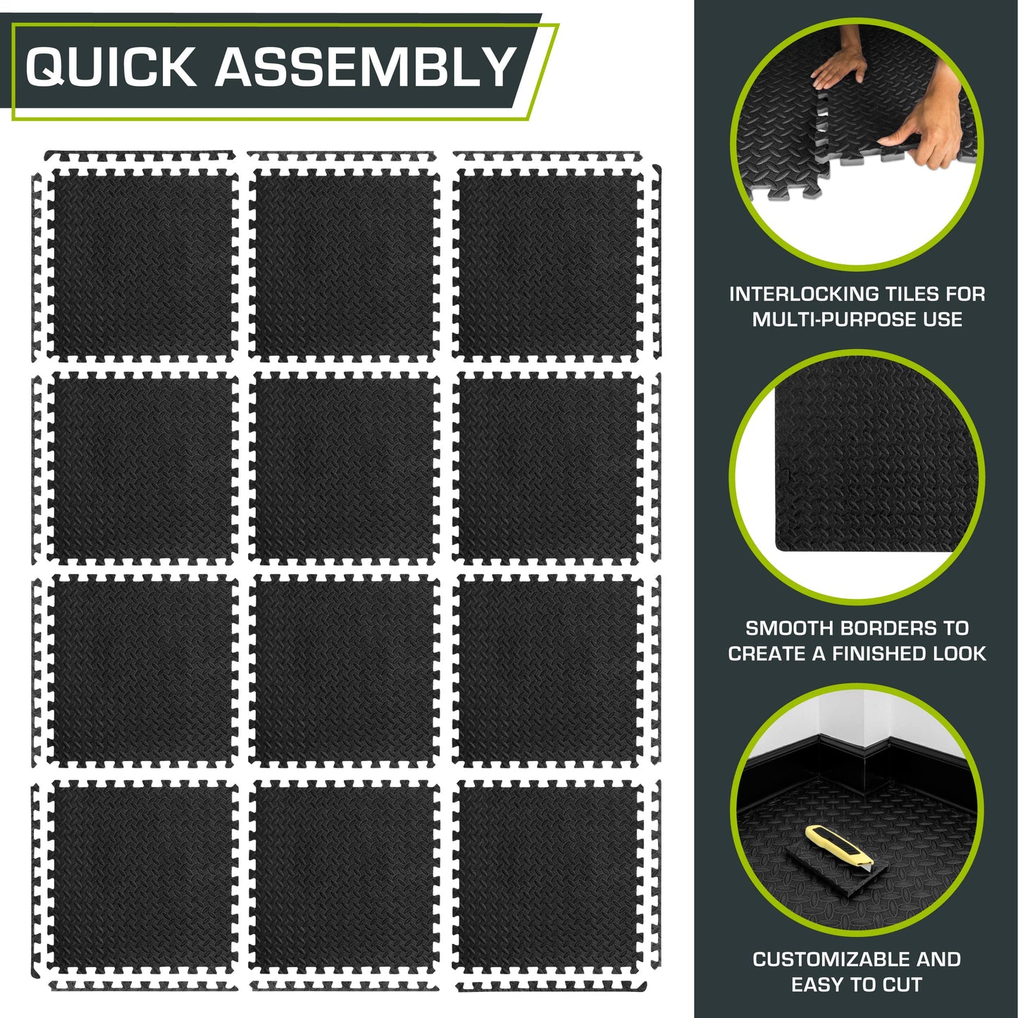 ProsourceFit Puzzle Exercise Mat ½ in, EVA Interlocking Foam Floor Tiles for Home Gym, Mat for Home Workout Equipment, Floor Padding for Kids, Black, 24 in x 24 in x ½ in, 24 Sq Ft - 6 Tiles
