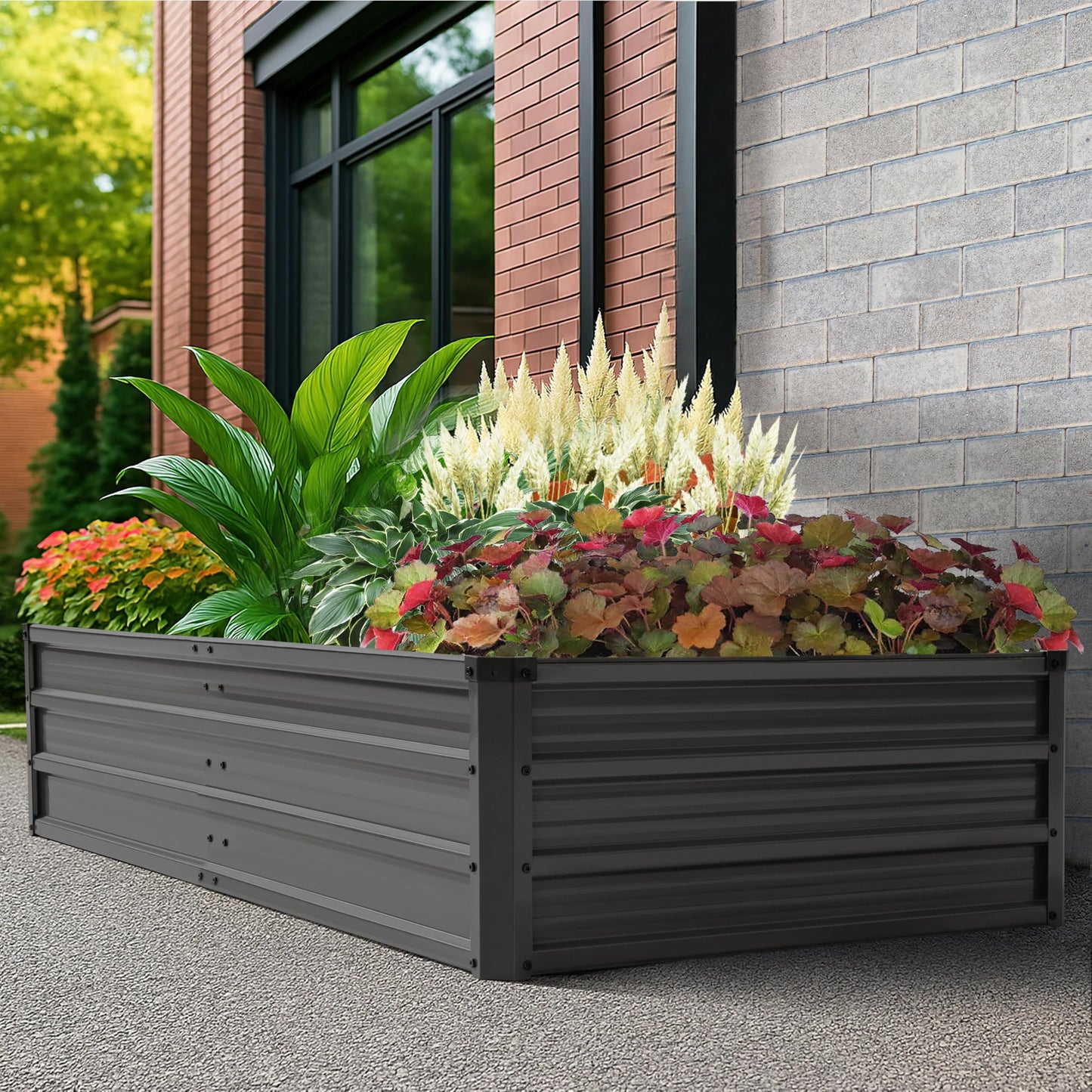 NUU GARDEN Rectangular Galvanized Raised Garden Bed for Gardening Elevated Planting Metal Planter Box Outdoor Patio Planting Bed for Vegetables Flowers Herb, Dark Gray