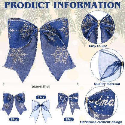 Norme 24 Pcs Navy Blue Christmas Ribbon Bows with Twist Tie Pretied Premade Navy Blue and Gold Ribbon Bows for Xmas Tree Wreath Garland Home Decor Indoor Outdoor Decorations