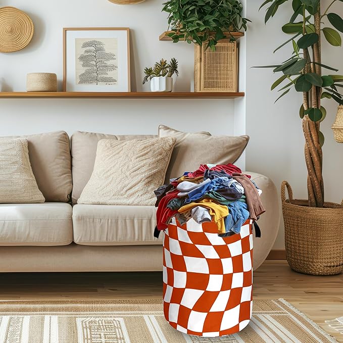 Orange Checkerboard Laundry Hamper Foldable Oxford Cloth Colorful Plaid Laundry