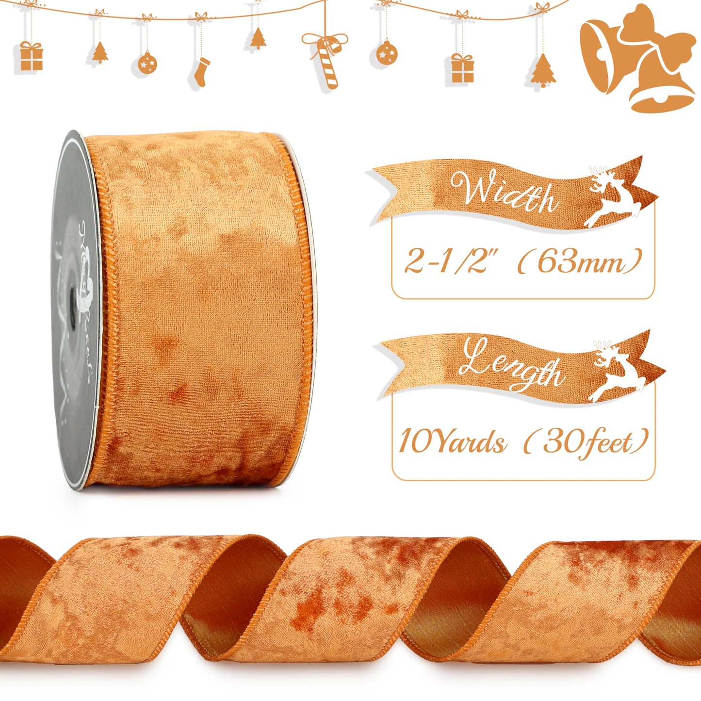 MAYREEL 2.5 Inch Cinnamon Crushed Velvet Ribbon Wired Terracotta Wired Ribbon for Christmas Tree Decorations, Thanksgiving, Fall Autumn Halloween Decor, Gift Wrapping, Wreaths, Topper Bows 10 Yards