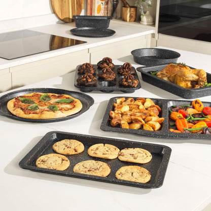 Salter COMBO-8261 Baking Tray Set of 2, Non-Stick Carbon Steel Oven Sheet, Easy Clean, Strong & Durable, Long Lasting, PFOA-Free, Megastone Collection, Black/Silver, 37 cm