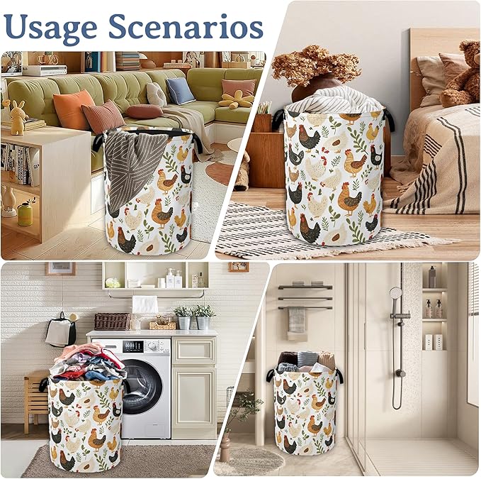 Rooster Hen Chick Laundry Basket, Foldable Waterproof Oxford Cloth Tote Bag