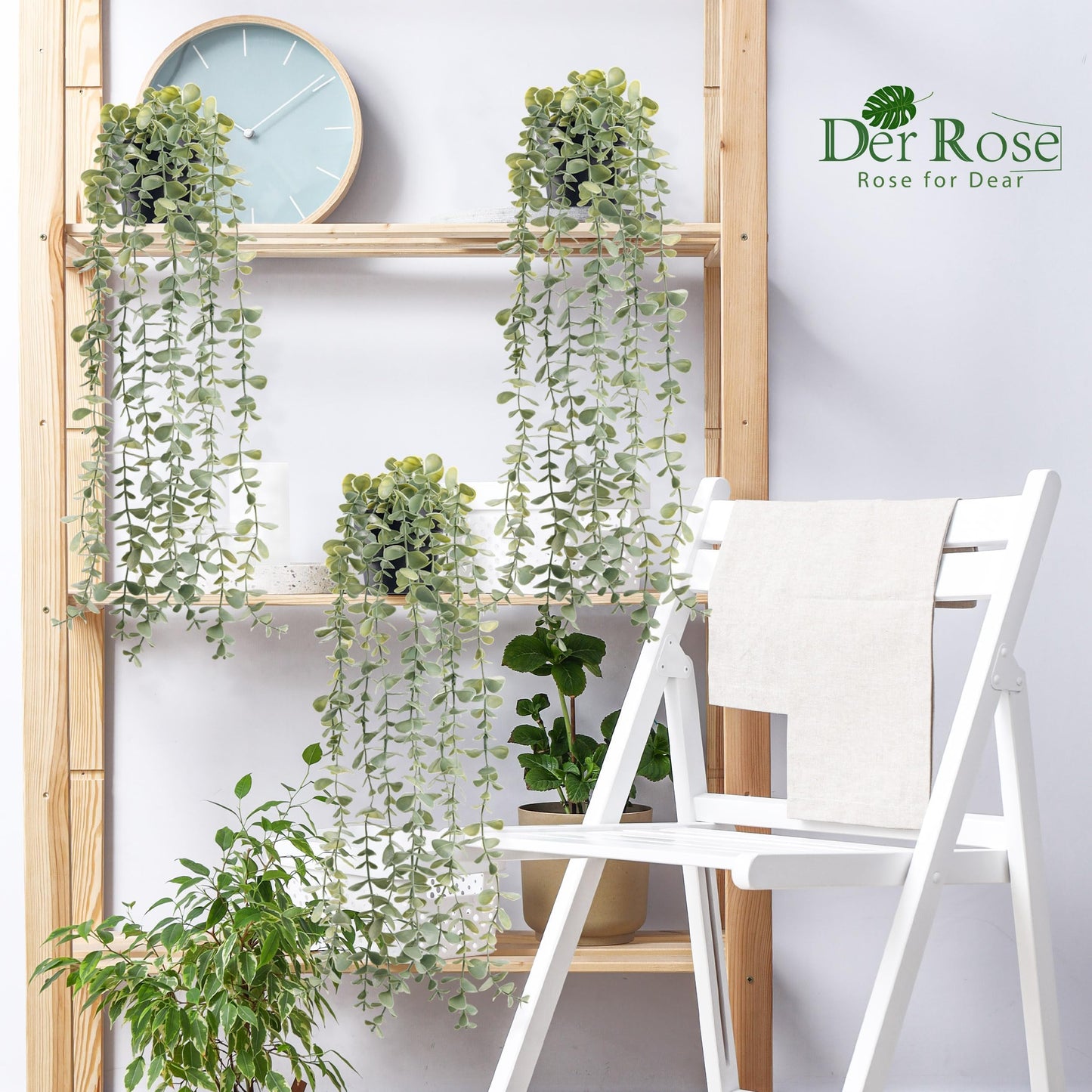 Der Rose 3Pcs Fake Plants Hanging Artificial Decor Faux Potted Eucalyptus Plants for Boho Bathroom Home Office Desk Wall Shelf Bookcase Accessories Decor Indoor