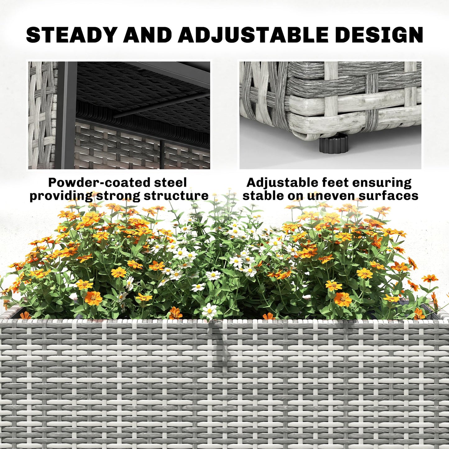 Outsunny Tall Rectangular Planter with Removable Liner, PE Wicker Large Planters for Outdoor Plants, Freestanding Indoor Outdoor Planter Box with Drainage Holes for Flowers, Vegetables, Gray