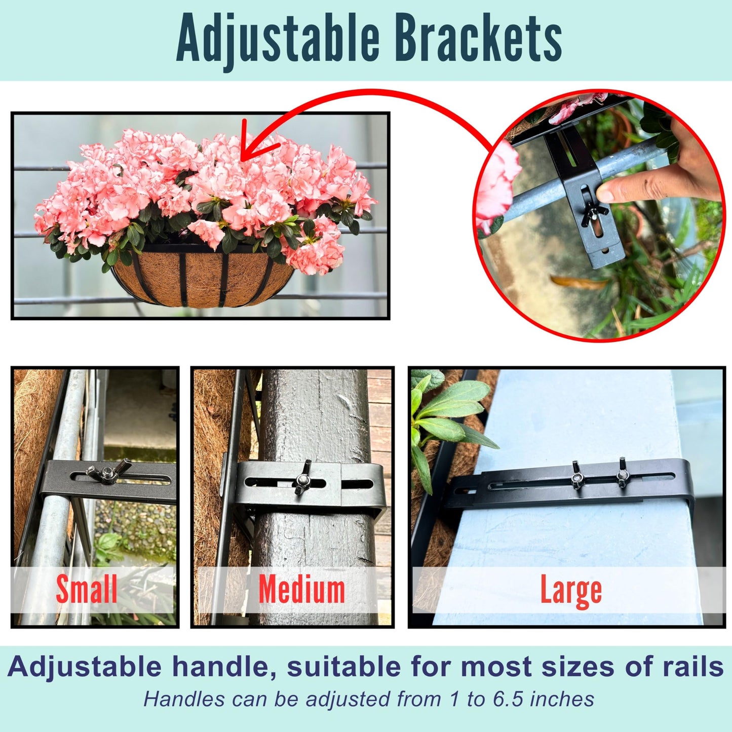 LaLaGreen Deck Railing Planter Boxes (16 Inch, 2 Pack) Black Metal Rectangular Hanging Planters with Coco Liner, Adjustable Flower Planter Box Brackets for Plants Fence Balcony Patio Porch Over Rail