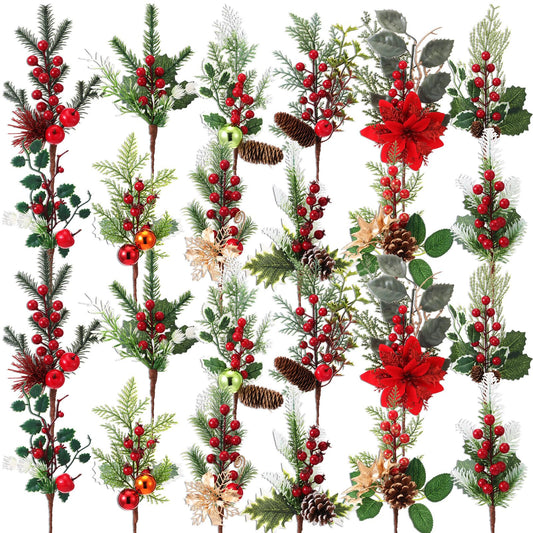 Suncalla 24 Pcs Artificial Christmas Picks 11"-14" Assorted Red Berry Picks Stems Christmas Tree Branches Decorations with Pinecones, Poinsettia Holly Leaves for Trees Wreath Garland Craft Decor