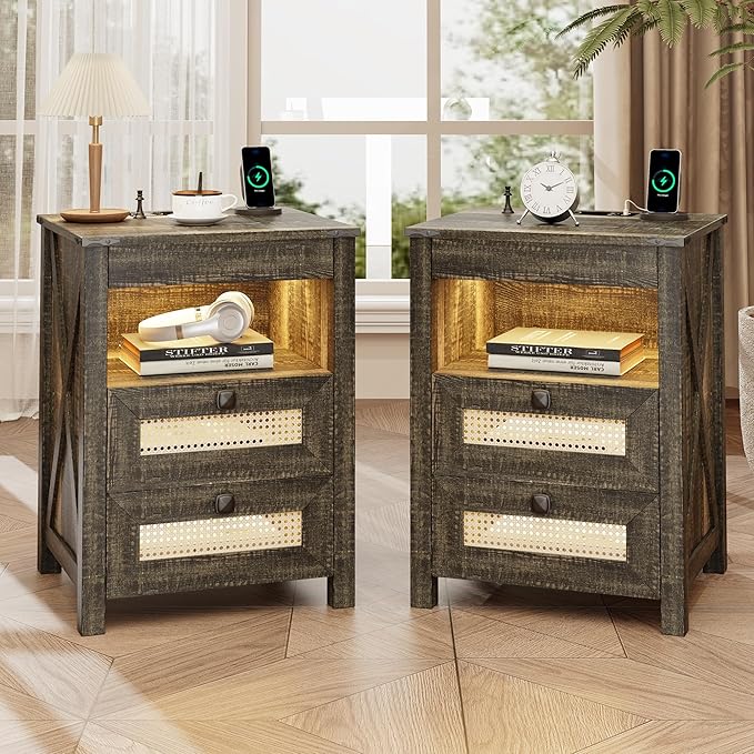 FREDEES Rustic Night Stand Set 2