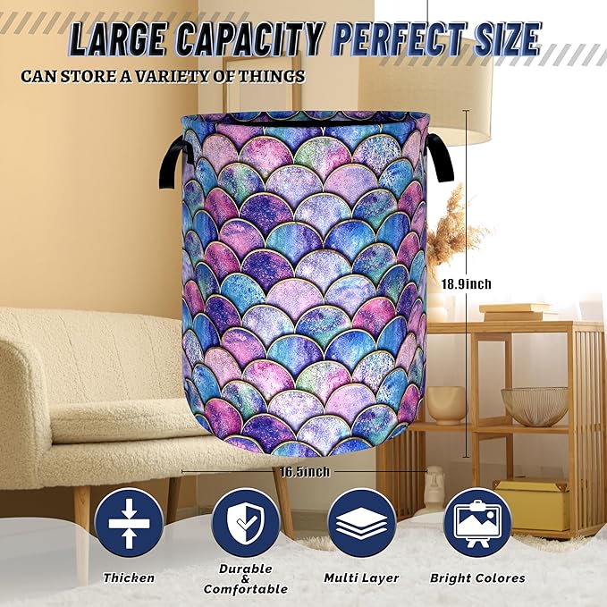 Colorful Mermaid Scales Laundry Basket Foldable Oxford Cloth Beautiful Fish